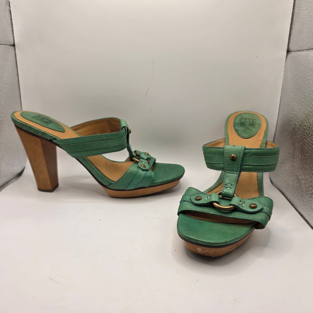 Frye Gerry Slide Green Leather Wooden Platform Heel Mules Sandals 9M